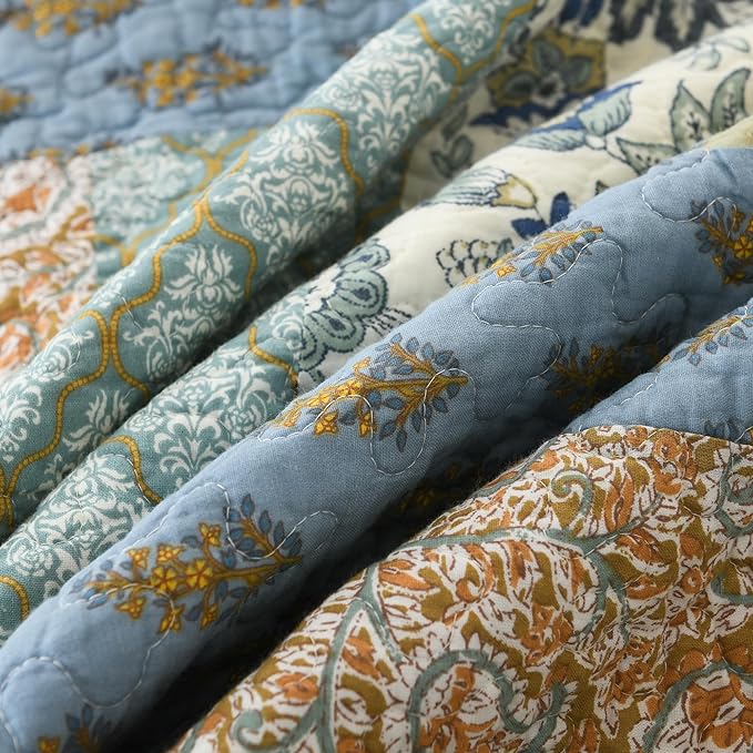 NEWLAKE Quilt Set King Size, 100% Cotton Patchwork Green Bohemian Quilt Sets, Reversible Bedspread Lightweight and Breathable for All Seasons, Soft Quilted Bedspread with 2 Pillow Shams-Ruum Studio Home