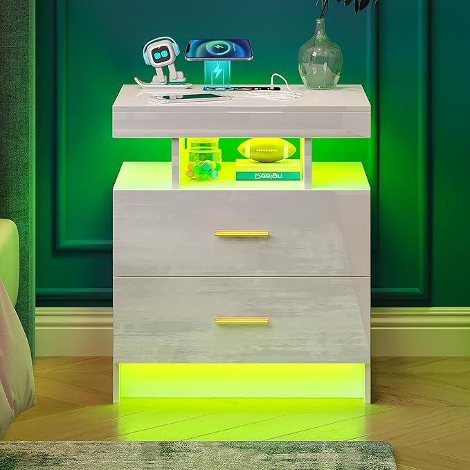 Night Stand with Light, High Gloss Nightstand with USB/Wireless Charging Station, LED White Nightstands with Storage Drawers, RGB Side End Table for Bedroom Furniture（White-Ruum Studio Home