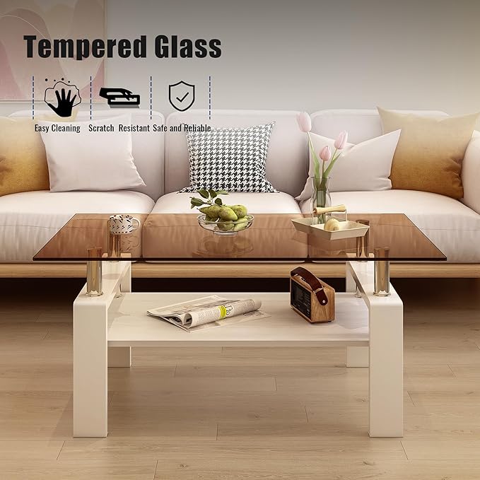 Glass Coffee Table Rectangle Living Room Center Table, with Brown Tempered Glass Tabletop and White MDF Layer,for Living Room and Office, Brown+White-Ruum Studio Home