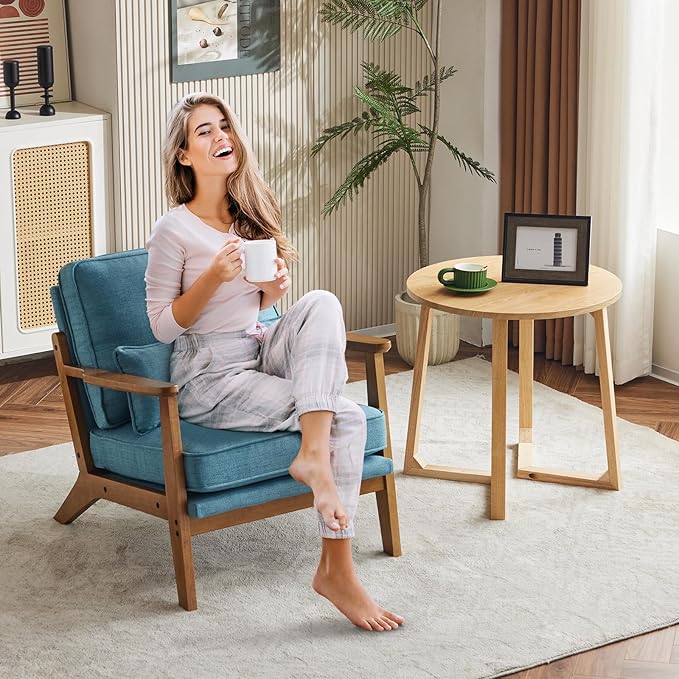 Karl home Accent Chair Wide Armrest Mid-Century Lounge Chair Linen Fabric Armchair with Lumbar Pillow & Solid Wood Frame for Living Room, Bedroom, Balcony, Cyan-Blue-Ruum Studio Home