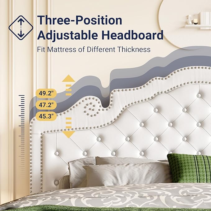 Allewie King Bed Frame with Adjustable Velvet Tiara Headboard, Upholstered Diamond Button Tufted Platform Bed, Wood Slats Support, No Box Spring Needed, Mattress Foundation, Easy Assembly, White-Ruum Studio Home