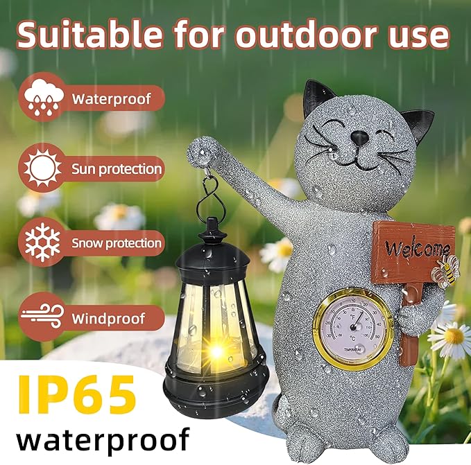 Solar Cat Outdoor Statues for Garden-Creative Thermometer-Lantern-Welcome Sign, Suitable for Yard Art, Lawn Ornaments, Porch, Terrace, Alcove, Home, House Outdoor, Cat Garden Decoration-Ruum Studio Home