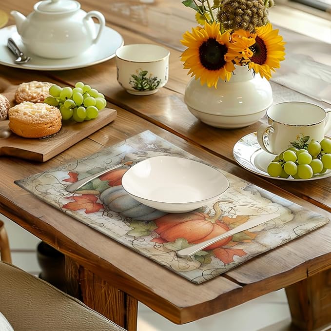 Fall Pumpkin Maple Leaf Placemats Set of 4, 12x18 Inch Vintage Autumn Harvest Rustic Leaves Table Mats Seasonal Fall Thanksgiving Washable Linen Fabric Place Mats for Party Kitchen Dining Decor-Ruum Studio Home