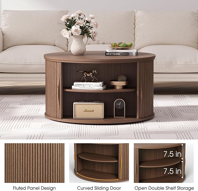 Round Coffee Table with Lifting Top,31.5”Mid Century Modern Lift Top Coffee Table with Hidden Compartment,Fluted Small Center Table for Living Room,Walnut-Ruum Studio Home