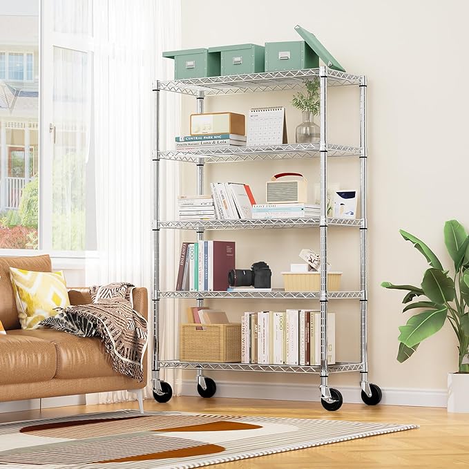 5-Shelf Storage Shelves,Wire Shelving Heavy Duty Metal Storage Shelving Unit Adjustable Garage Shelving Rack Pantry Kitchen (Chrome, 5 Tier,17.7" D x 47.2" W x 76.7" H)-Ruum Studio Home