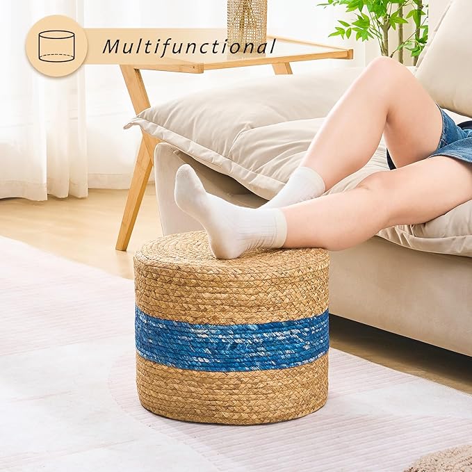Handwoven Water Hyacinth Ottoman Pouf, Round Outdoor Footstool with Sturdy Frame, No Assembly Needed, Boho Accent Stool for Indoor & Outdoor Use – Patio, Balcony, Living Room (Blue)-Ruum Studio Home