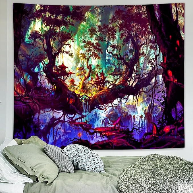 Delur Fantasy Forest Tapestry Mystical Landscape Magical Enchanted Forest Tree Nature Tapestry Psychedelic Wall Hanging Headboard for Bedroom Living Room Home Decor (70.8" x 92.5")-Ruum Studio Home