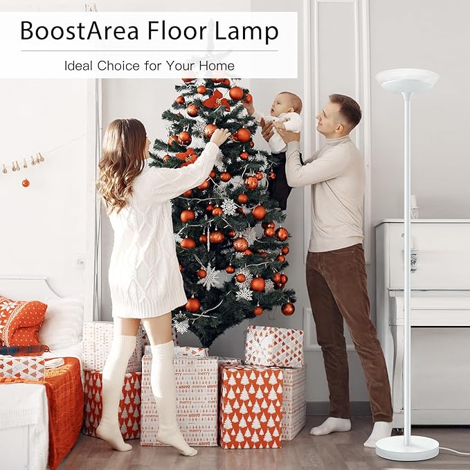 BoostArea Torchiere Floor Lamp, 24W Super Bright LED Standing Lamp, Stepless Dimmable Pole Lamp with 3000K Lighting, Glass Lampshade, 71Inch Tall Metal Modern Floor lamps for Living Room/Bedroom White-Ruum Studio Home