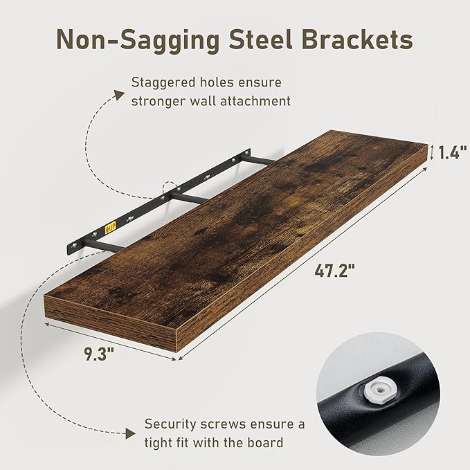 Floating Shelves Wall Shelf 48 Inch, 9.3 Inch Deep Floating Shelf, Farmhouse Black Wood Shelves Invisible Bracket for Living Room, Bedroom, Kitchen, 48 x 9.3 x 1.4 Inch, Set of 2, Rustic Brown-Ruum Studio Home