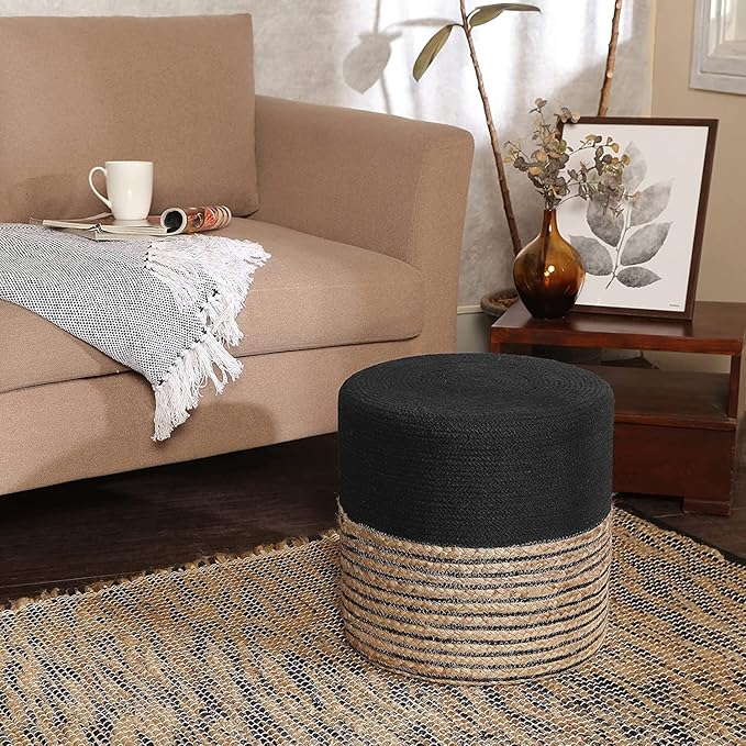 REDEARTH · Cylindrical Pouf Ottoman - Braided Pouffe Accent Sitting Round Footrest for Living Room, Bedroom, Nursery, kidsroom, Patio, Gym; 70% Cotton 30% Jute, (14.5x14.5x16; Black Natural)-Ruum Studio Home