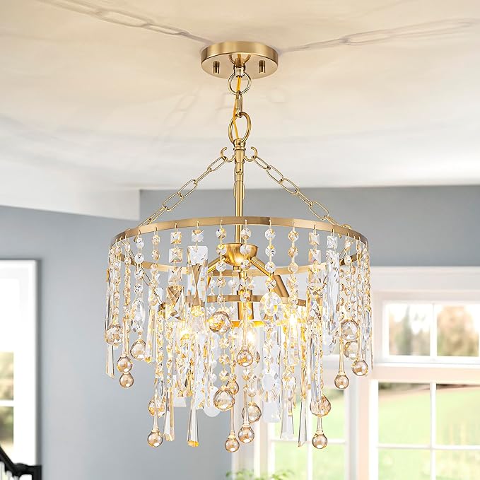 3-Lights K9 Crystal Chandeliers, Luxury Vintage Pendant Light Fixture for Dining Room, Living Room, D15*H20.4~66.8 inch (Adjustable), Clear Crystal & Gold Finish-Ruum Studio Home