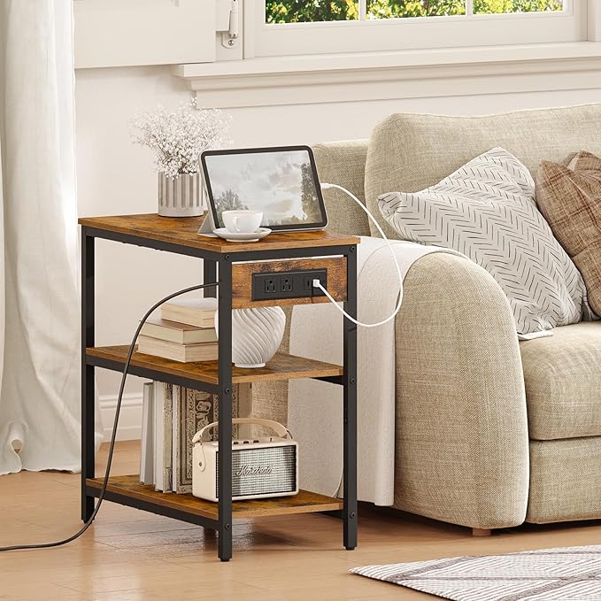 HOOBRO End Table with Charging Station, Simple Rustic Side Table with 3-Tier Storage Shelf, Narrow Nightstand for Small Spaces, for Living Room, Industrial Design, Rustic Brown and Black BF149UBZ01-Ruum Studio Home