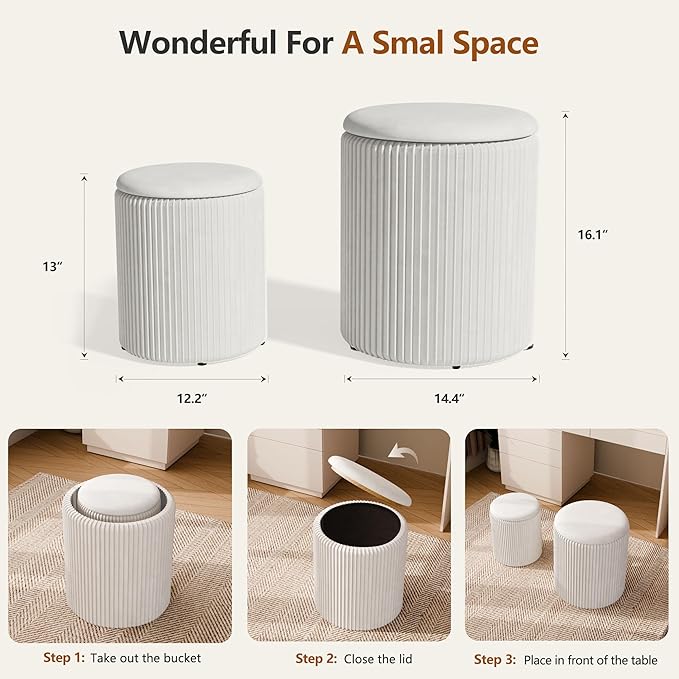 Ottoman with Storage Set of 2, Velvet Storage Ottoman, Upholstered Sponge Vanity Stool Support 300lbs, Multifunctional Coffee Table Foot Rest Ottomans for Living Room Bedroom, White-Ruum Studio Home