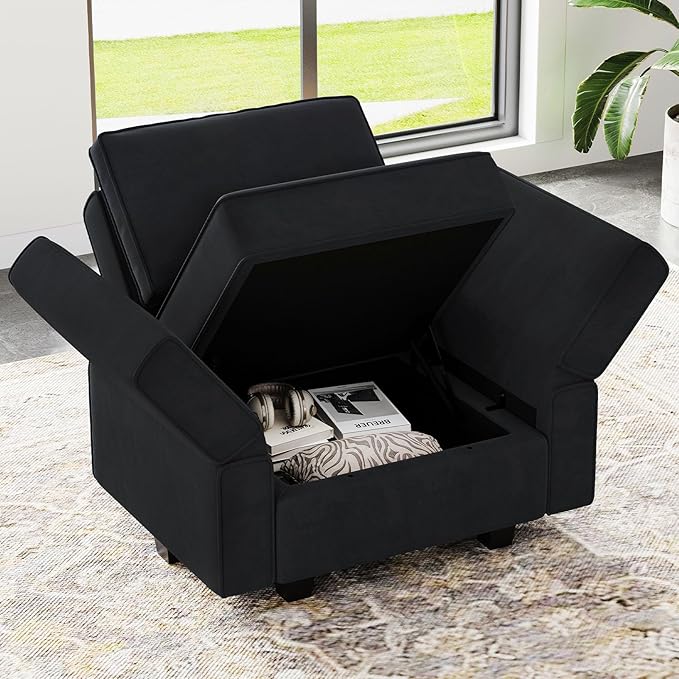 Belffin Modular Sectional Arm Accent Chair with Storage Seat Velvet Armchair Single Sofa Club Chair Black-Ruum Studio Home