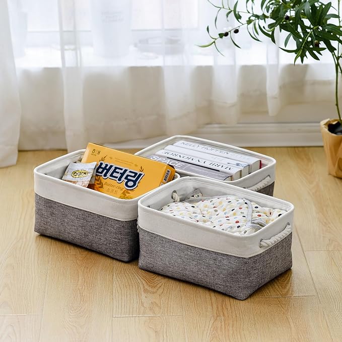 TheWarmHome Storage Bins for Shelves - 13.8L×9.8W×6.7H inch 3 Pack Medium Collapsible Storage Baskets for Organizing | Fabric Storage Cubes for Linen Closet Toy Home (White&Grey)-Ruum Studio Home