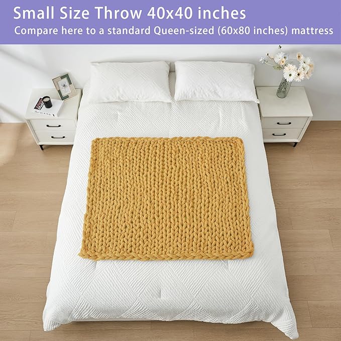 Bigacogo Chunky Knit Throw Blanket for Couch, 40x40 inches, 100% Hand Knitted with Thick Jumbo Chenille Yarn, Cozy Soft Large Rope Knot Cable Crochet Blankets for Sofa Bed Living Room, Mustard Yellow-Ruum Studio Home