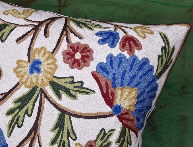 Dahlia Floral Pillow Cover - Cream Flower Pillowcase - Outdoor Cushion - Suzani Farmhouse Chair Throw - Traditional Chair Cushions - Hand Embroidered Wool Size - 18x18-Ruum Studio Home