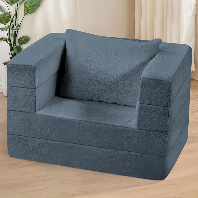 Folding Bean Bag Chair for Adults,3-in-1 Bean Bag Couch Faux Fur Floor Sofa Large Beanbag Convertible Bean Bag Sofa Bed with Pillow in Bedroom,Living Room,Apartment(Twin,Gray)-Ruum Studio Home