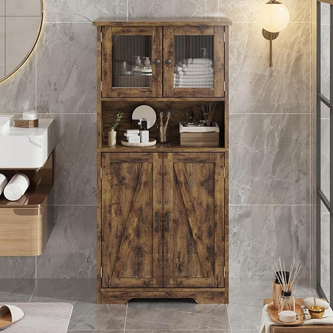 GarveeHome 54in Tall Bathroom Cabinet, Farmhouse Storage Cabinet with Glass Doors and Adjustable Shelves, Freestanding Kitchen Pantry Cabinets, Cupboard for Living Room, Dining Room, Rustic Brown-Ruum Studio Home