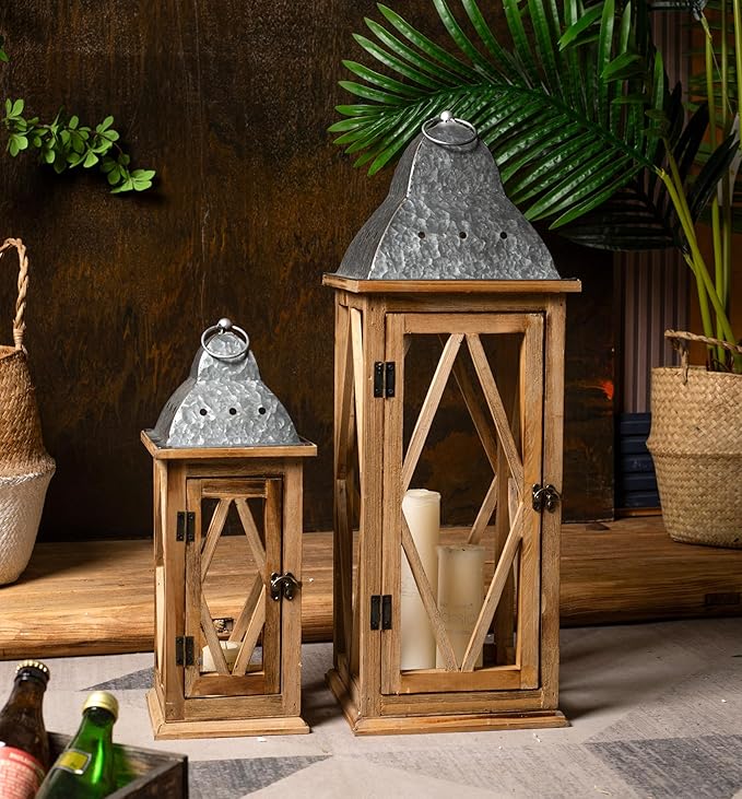 Large Farmhouse Wooden Metal Lantern Set of 2, Rustic Decorative Floor Candle Lanterns, Indoor/Outdoor Hanging Lanterns for Home Decor (No Glass)-Ruum Studio Home
