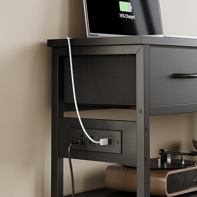 Lulive Entryway Table with Power Outlets, Console Table with 3 Fabric Drawers, Sofa Table for Living Room, Hallway, Couch, Foyer, Height Adjustable (Black, 43")-Ruum Studio Home