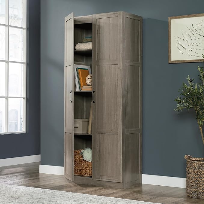 Sauder Select Storage Cabinet, Pantry Cabinet Kitchen Storage with Adjustable Shelves, Bathroom Storage Cabinet, in Silver Sycamore-Ruum Studio Home
