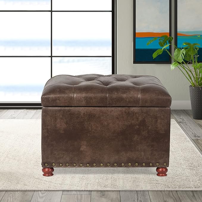 24'' Leather Ottoman with Storage Rectangle Foot Rest Ottomans Stool for Living Room(Brown,Leather Texture)-Ruum Studio Home