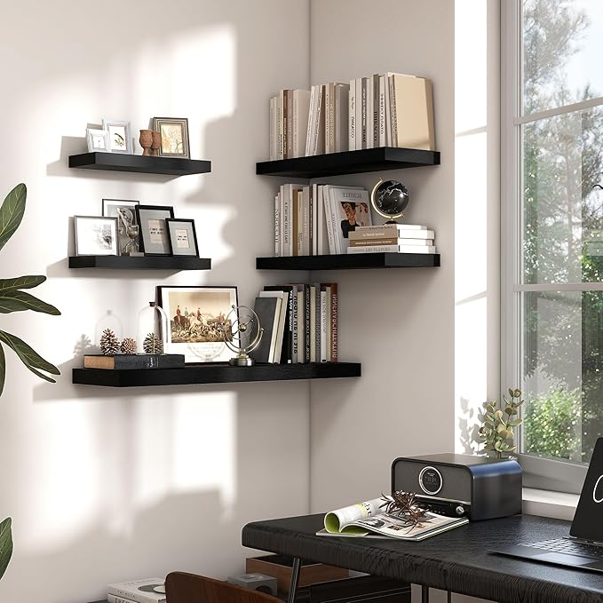 Heimlove 24 inch Floating Shelves for Wall,9.3 inch deep Black Wood Shelves with Invisible Brackets,Wall Mounted Storage & Display Shelves for Bedroom,Living Room,Set of 2-Ruum Studio Home