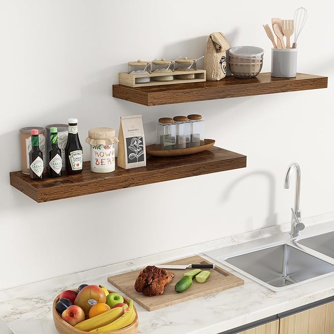 Fun Memories Floating Shelves for Wall 36 Inches, Wood Shelves with Invisible Bracket, 10" Deep Shelves Wall Mounted, Large Floating Shelves for Living Room Bathroom, Rustic Brown, Set of 2-Ruum Studio Home