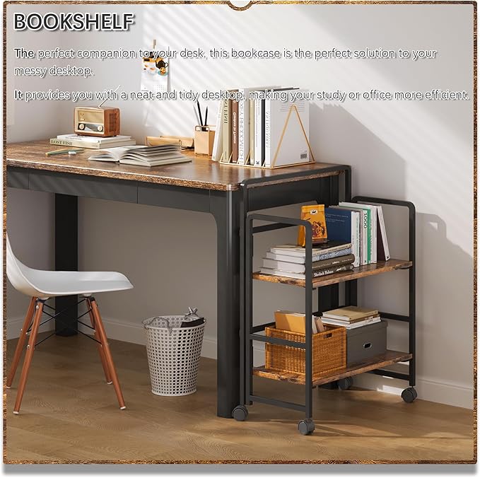 4NM 2 Tiers No-Assembly Folding Bookshelf with Wheels, Portable Rolling Storage Bookcase & Compact Side Table for Living Room, Bedroom, Kitchen, Bathroom (Rustic Brown and Black)-Ruum Studio Home