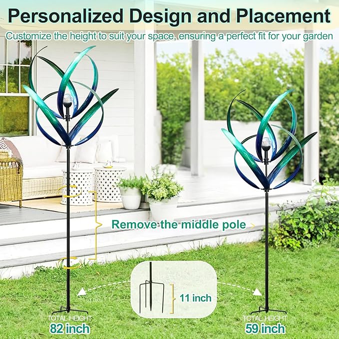 Outdoor Wind Spinners with Solar Light, 82'' Metal Large Spinner Yard Art, Peacock Blue Wind Sculptures for Garden Lawn Patio, Gifts for Family-Ruum Studio Home