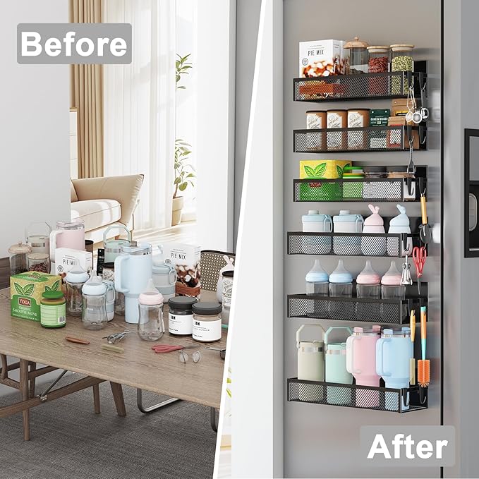 Magnetic Spice Rack for Refrigerator, 6 Pack Magnetic Shelf, Fridge Magnet Organizer with Moveable 12 Hooks, Magnetic Fridge Shelf for Kitchen Organization and Storage (6 Pack)-Ruum Studio Home