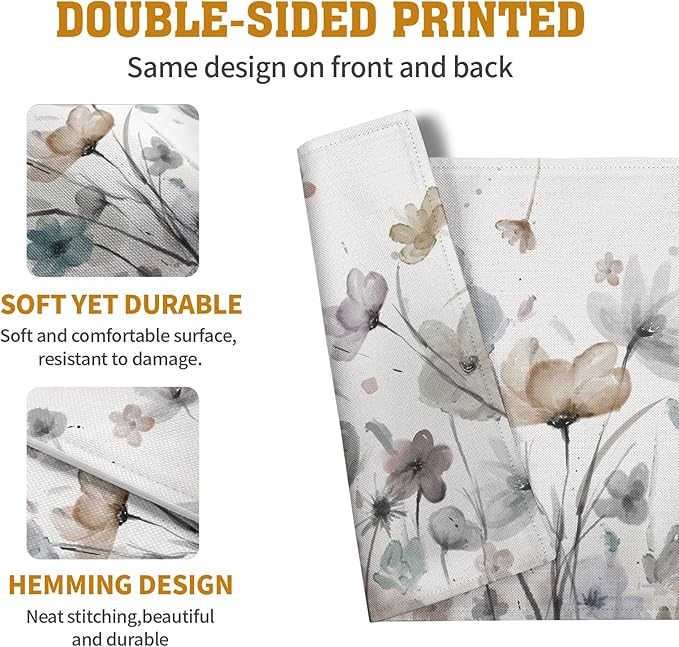 Flower Placemats Set of 4 Brown Cream Grey Poppy Flowers Table Mats Watercolor Rustic Vintage Floral Place Mat Farmhouse Linen Fabric Placemat for Party Kitchen Dining Outdoor Indoor Decor 12x18 Inch-Ruum Studio Home