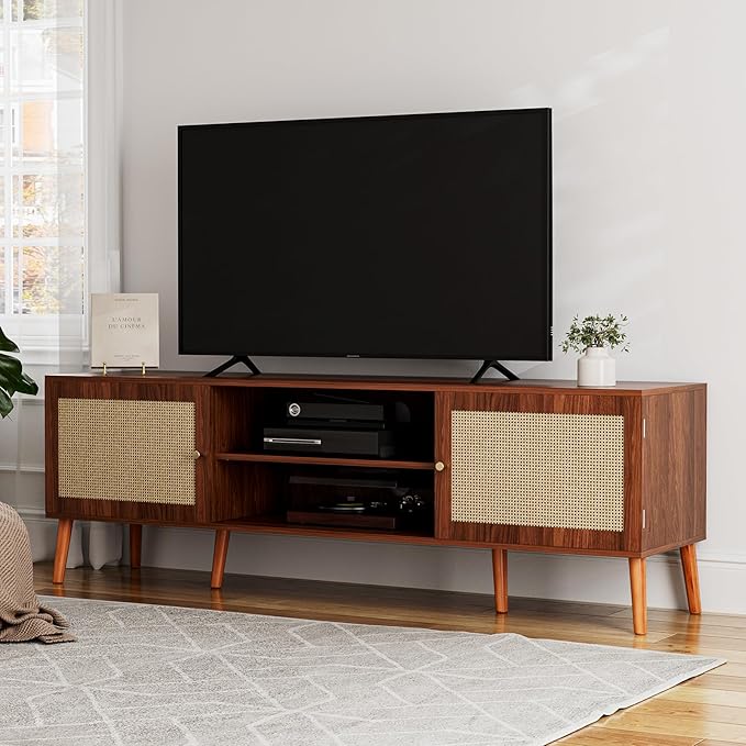 TV Stand for TVs up to 65'', Entertainment Center With Rattan Door, Shelves & 2 Cabinets, Long Boho Media Console for Living Room, Walnut-Ruum Studio Home