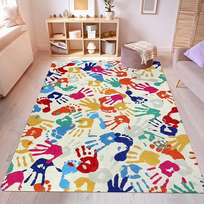 STARUIA Large Kids Rug for Playroom, 8'x10' Handprints and Footprints Colorful Rug for Classroom, Non-Slip Washable Rugs for Nursery, Soft Throw Carpet Indoor Playmat for Kids Room Dorm Bedroom-Ruum Studio Home