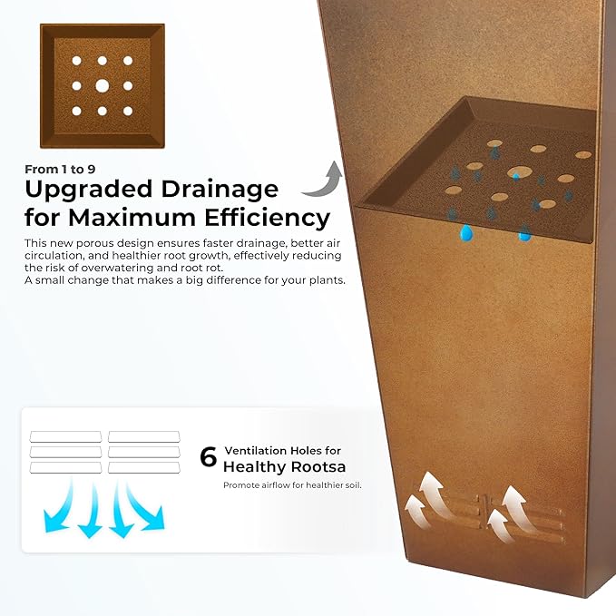 Worth Garden 28" H. Large Metal Planter Set of 2, Classic Matte Bronze Retro Finish Tall Square Tapered Steel Flower Plant Pots for Indoor & Outdoor Use - Insert Plate with Drain Holes, Air Vents-Ruum Studio Home