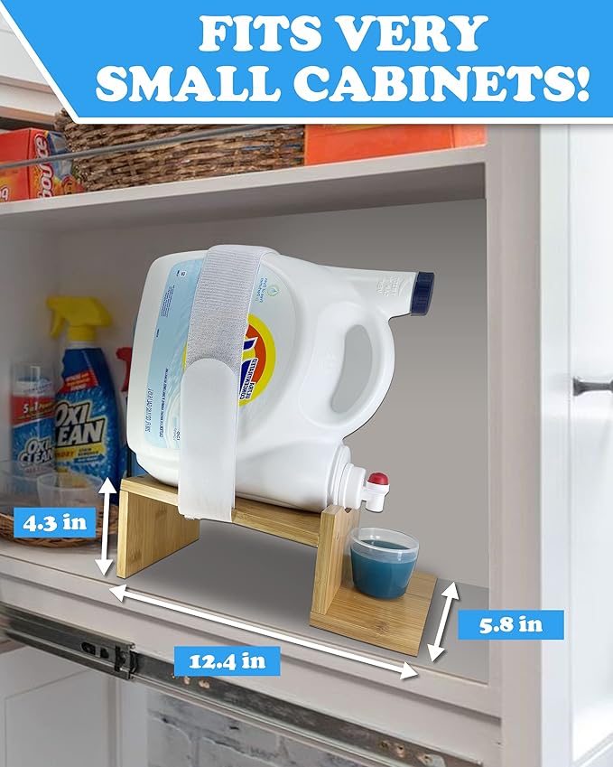 TidyFriend Laundry Detergent Dispenser with Tray & Strap, Laundry Soap Dispenser with Non-Slip Rubber Feet for Washing Room Organization, Easy Pour (Wood)-Ruum Studio Home