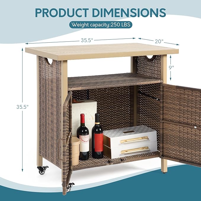 Outdoor Indoor Storage Cabinet with Rolling Wheels, Patio Serving Cart with Bar Table and Wicker Cabinet, Kitchen Island Prep Table, Beige-Ruum Studio Home