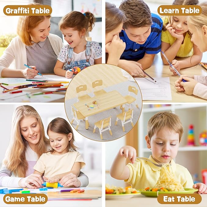 Brelley Kids Table and 6 Chairs Set, Height Adjustable Toddler Desk and Chair Set, Graffiti Desktop, Classroom/Daycare/Home, Children Multi-Activity Table for Ages 2-8-Ruum Studio Home