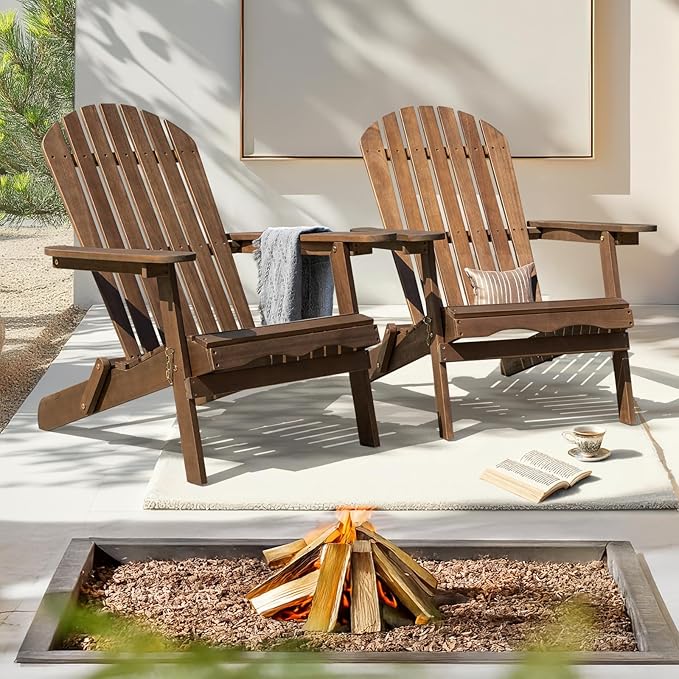 IDZO Outdoor Wooden Folding Adirondack Chair Set of 2 with Pre-Assembled BackRest, Wood Patio Chair for Garden Backyard Porch Pool Deck Firepit-Ruum Studio Home