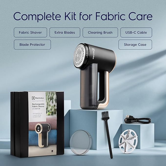 Electrolux Rechargeable Fabric Shaver | 3-Speed Lint Remover for Clothes & Furniture | Eliminates Fuzz & Pilling | Electric Lint Shaver with LED Display & Type-C Fast Charging Port - Black-Ruum Studio Home