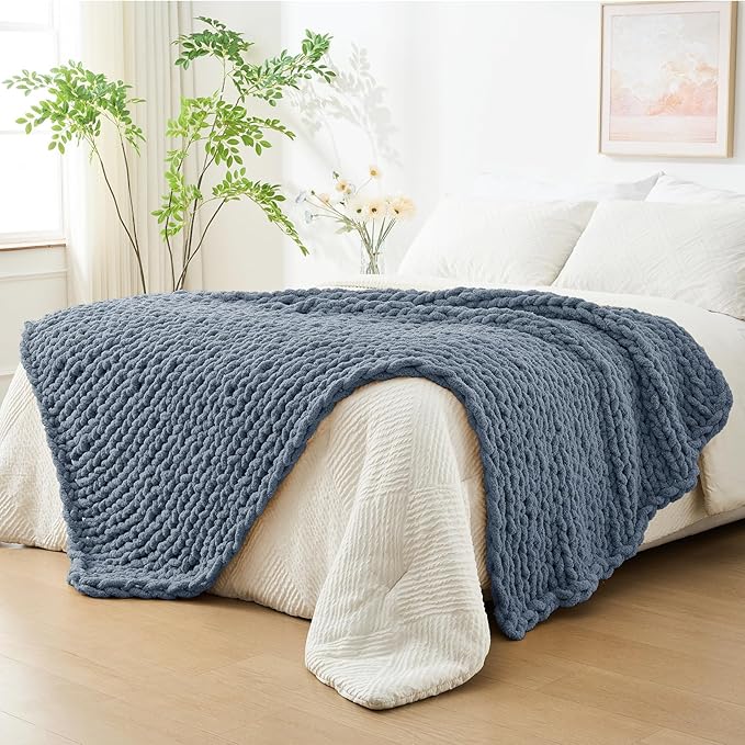 Bigacogo Chunky Knit Throw Blanket for Couch, 40x80 inches, 100% Hand Knitted with Thick Jumbo Chenille Yarn, Cozy Soft Large Rope Knot Cable Crochet Blankets for Sofa Bed Living Room, Cold Sea Blue-Ruum Studio Home