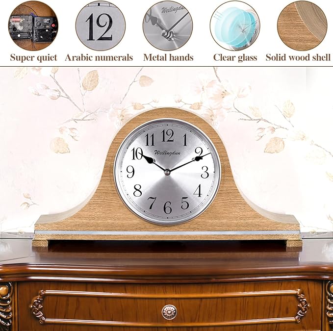 TXL Mantel Clock, Silent Wood Table Clock Battery Operated, Desk Shelf Vintage Clock for Living Room,Home Decor Gift, T20211-Ruum Studio Home