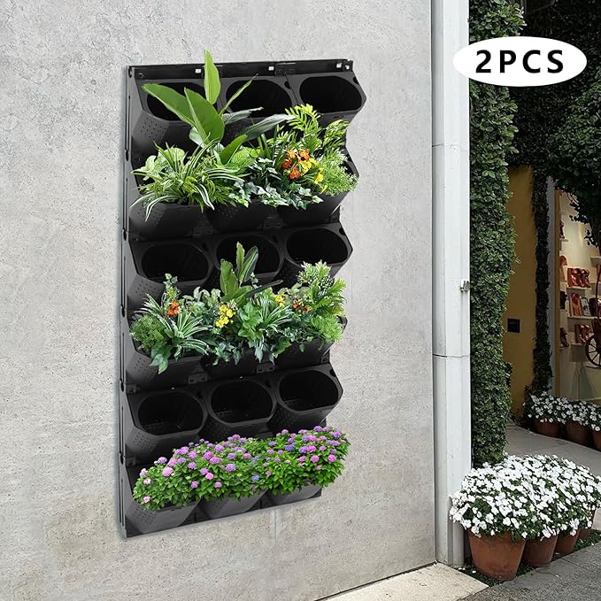 12Pieces 3-Pot Wall Planter Vertical Garden Plant Walls Wall Mounted Vertical Planter with Water-Storage Layer Stackable Wall-Mounted Flower Pot for Gardens, Balconies 180.78lbs Total Capacity (Black)-Ruum Studio Home