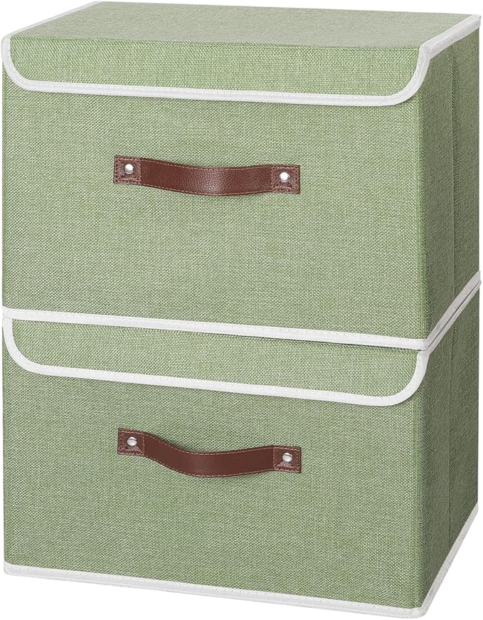 ANMINY 4PCS Storage Bins with Lid PU Leather Handles Storage Boxes PP Plastic Board Decorative Foldable Lidded Cotton Linen Fabric Home Cubes Baskets Closet Organizer Containers - Green, Large Size-Ruum Studio Home