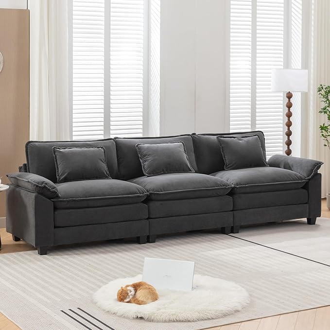 URRED Modular Sectional Sofa Comfy Cloud Couch, Modern Velvet Sofa Sleeper Deep Seat Couches with Ottoman/Pillows for Living Room (Dark Gray, 117'')-Ruum Studio Home