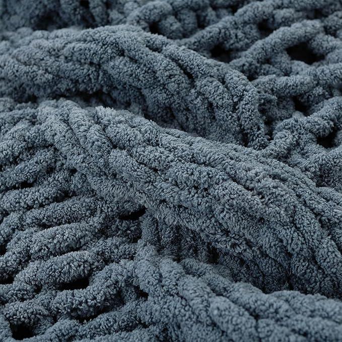 Esterra Chunky Knit Blanket Throw 50"x60", 100% Hand Knitted Chenille Throw Blanket, Cozy Soft Thick Cable Knit Throw Large Rope Knot Crochet Throw Blanket for Sofa Couch Bed, Blue Mirage-Ruum Studio Home