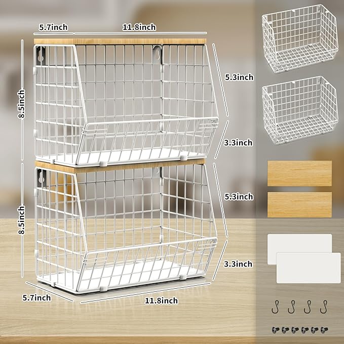 Fruit Basket, 2-Tier Fruit Bowl for Kitchen Counter, Stackable Wall Mounted Fruit Storage, Snack Organizer, Potato and Onion Storage Basket, Hanging Pantry Storage with Wood Lid, 2 Set, White-Ruum Studio Home