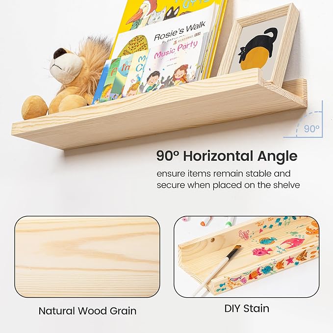 Picture Ledge Shelf for Wall, 24 inches Solid Pine Wood Nursery Book Shelves 3 Packs, Floating Ledge Shelves for Kids' Room Bedroom Bathroom Living Room Photo Frames Office Nursey Wall Decor, Natural-Ruum Studio Home