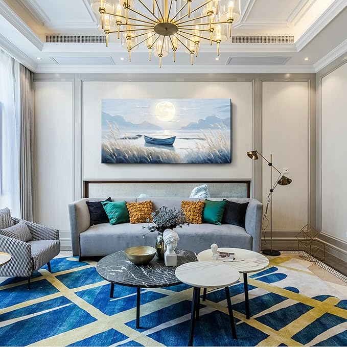 Oversized Large Living Room Wall Art, Blue Wall Decor for Bedroom, Modern Nautical Ocean Beach Seascape Nature Picture Sailboat Moon Lake Mountain Canvas Print Relaxing Serene Coastal Rustic Artwork-Ruum Studio Home